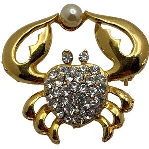 Whimsy Costume Crab Pin Brooch Crystal Rhinestones Faux Pearl Gold Tone